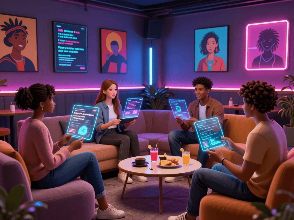 Engaging ai gf virtual dating scene with avatars in a cozy digital lounge.
