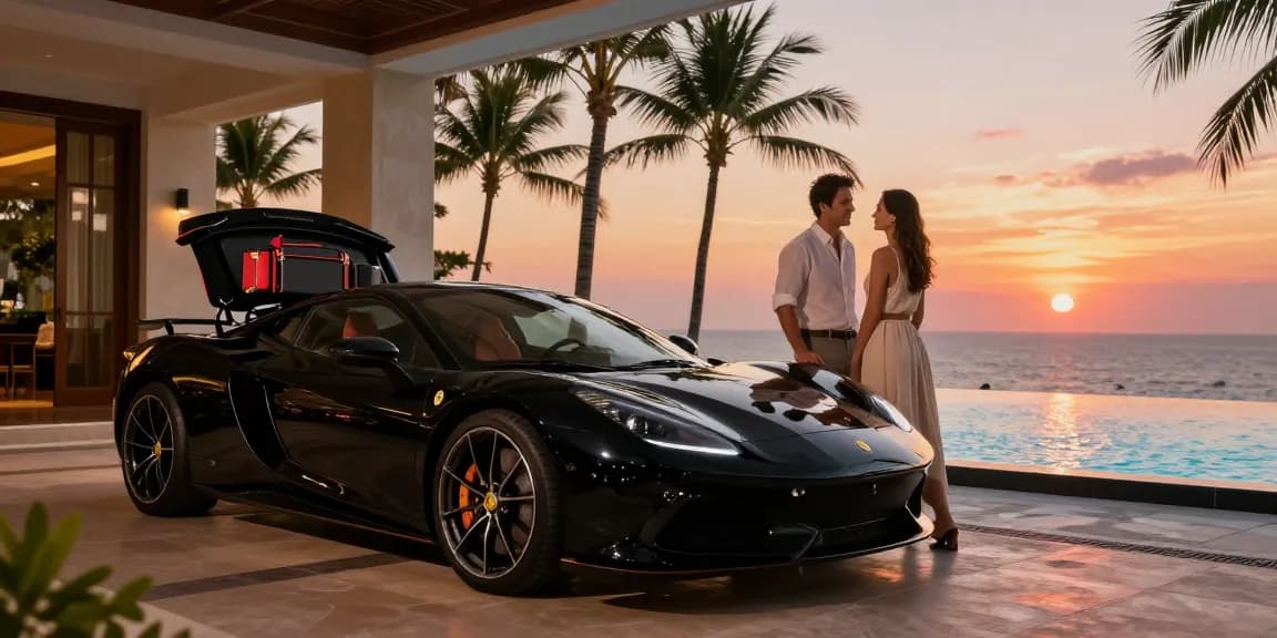 Mobil sport LUXURY 777 di depan resor mewah, pasangan berpakaian stylish menikmati suasana liburan.