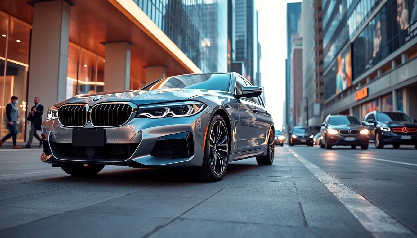 Showcasing a Luxury BMW car emphasizing sleek design and urban lifestyle.