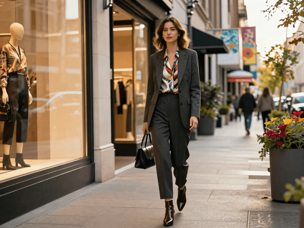 Gaya hidup fashion luxury111 di lingkungan urban yang mewah, individu bergaya dengan tas desainer.