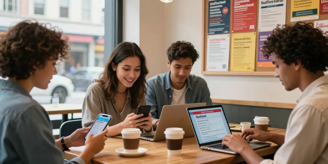 People engaging with BedPersonal's classified ads in a lively café setting, emphasizing local connections.