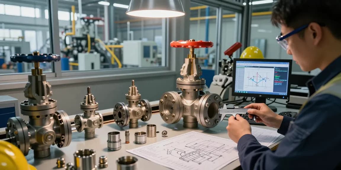 Engineer analyzing valve directory components in a modern manufacturing facility, showcasing precision and technology.