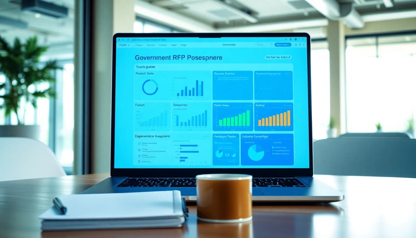Showcasing government RFP response software on a laptop, highlighting its user-friendly interface and data analytics.