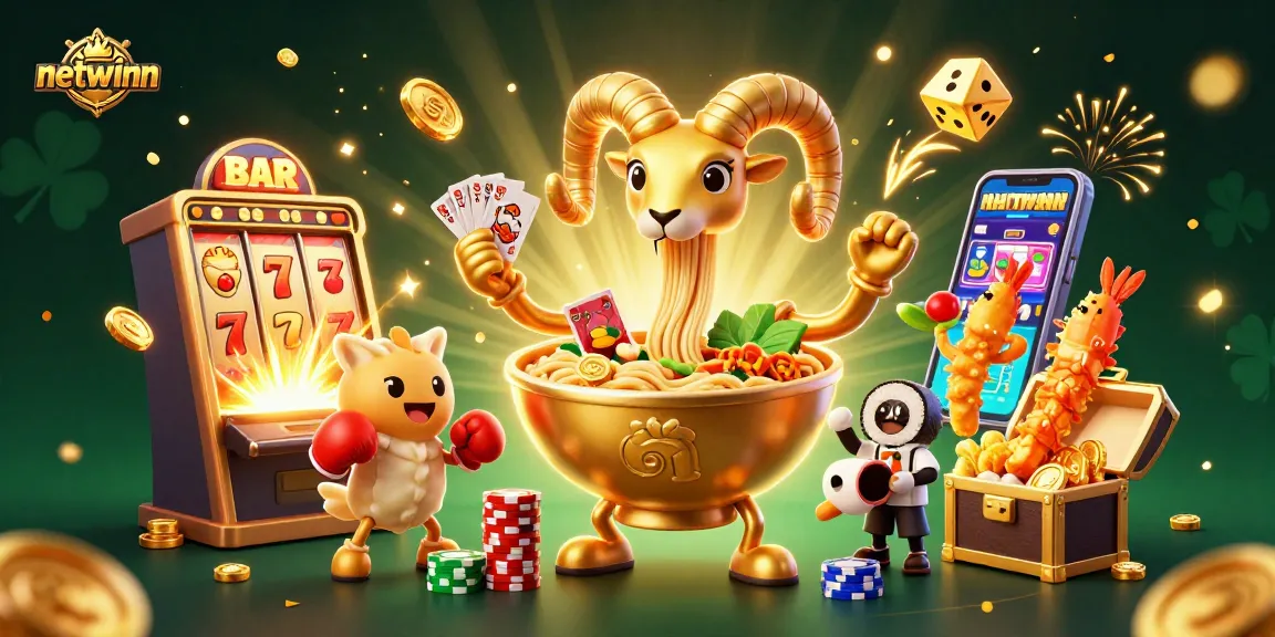 Experience netwinn excitement as the golden ramen bowl and friends deal cards in a vibrant casino scene.