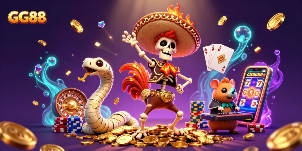 Experience GG88 excitement with a lively victory scene featuring characters and casino elements.