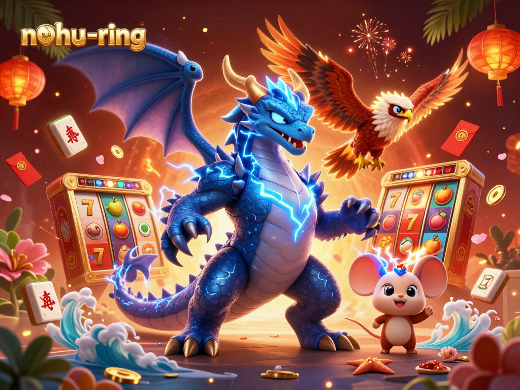 Spin the reels in excitement with nohu-ring, featuring a dynamic 3D scene showcasing vibrant casino elements.