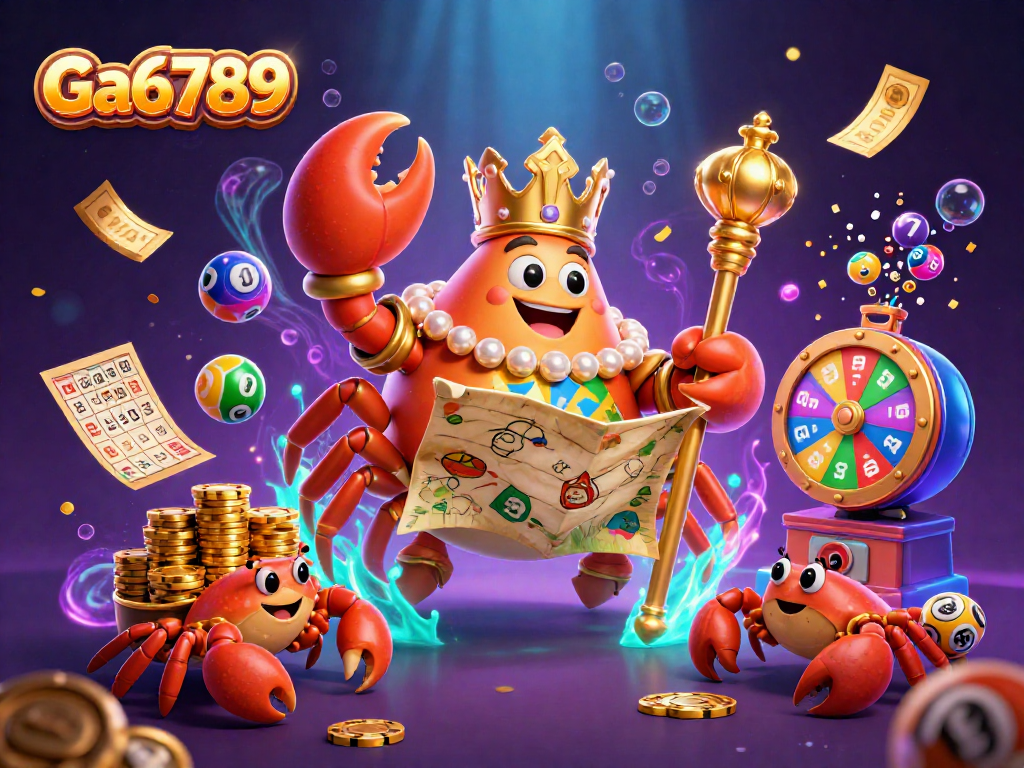 Ga6789 entertains with a vibrant scene of golden crab emperor amidst lottery excitement and colorful elements.
