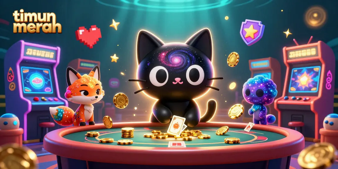 Timun merah menampilkan kucing hitam galaksi dan rubah nebula di meja kasino, menggoda pemain.