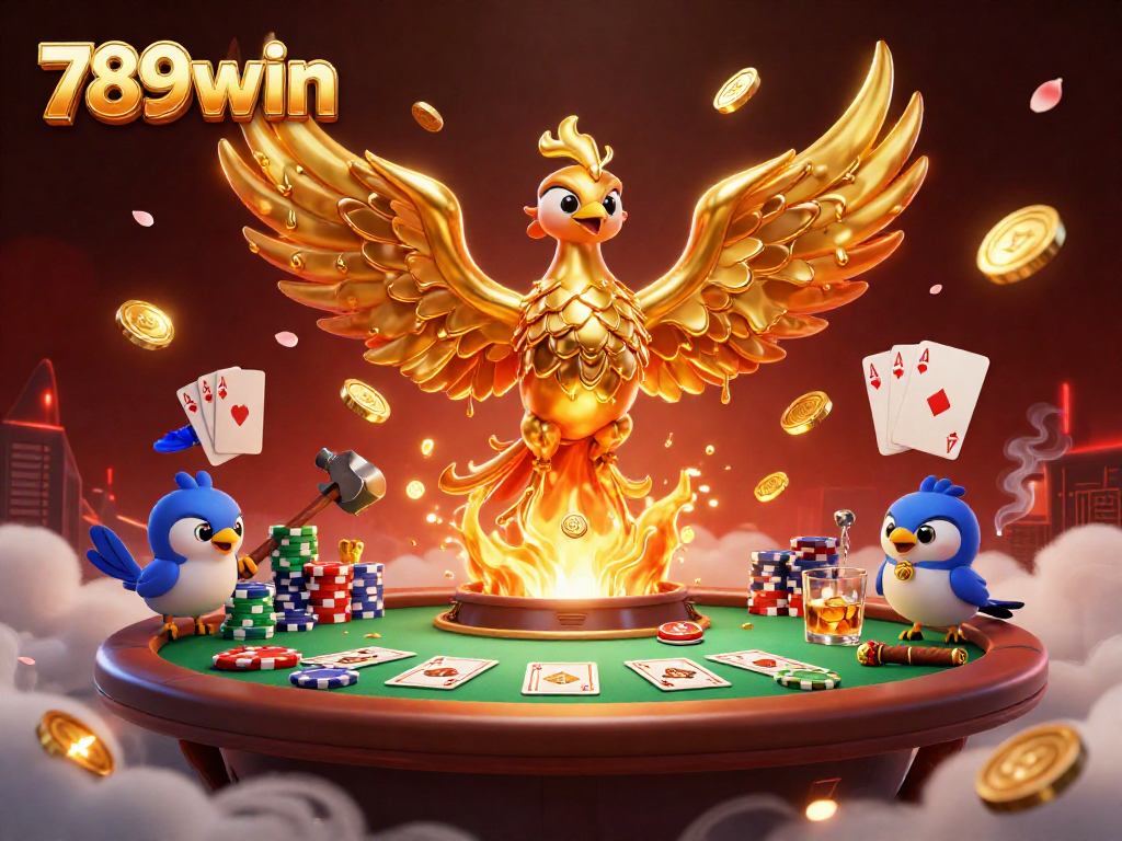 Experience the excitement of 789win with a molten golden phoenix and poker table elements.