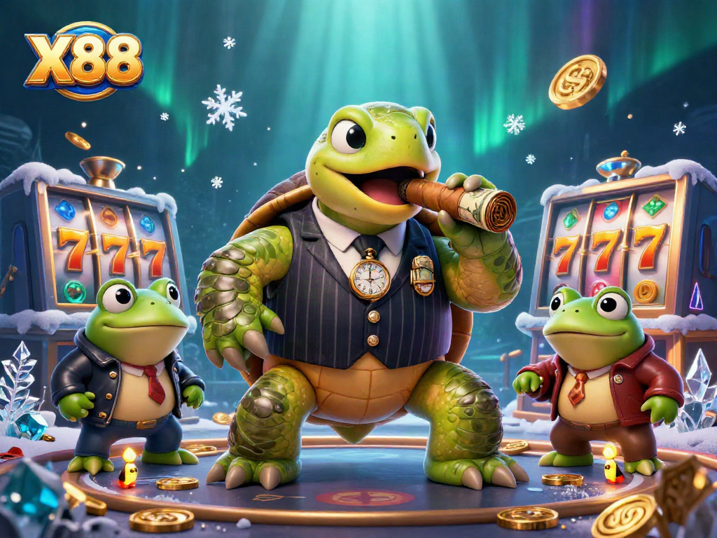 X88 casino scene with a snapping turtle, bullfrogs, and slot reels in a vibrant rich illustration.