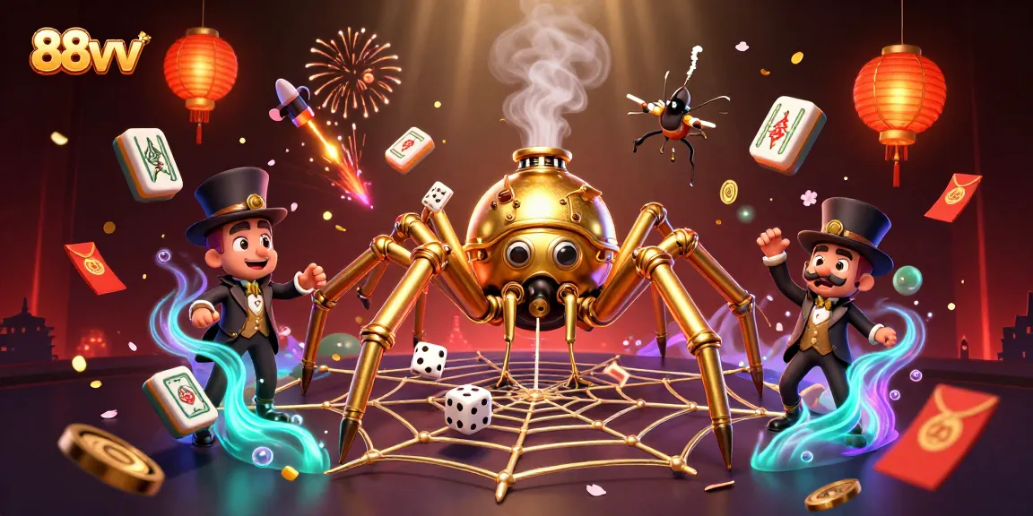 Experience thrilling luck at 88vv with a steampunk spider and animated casino elements.