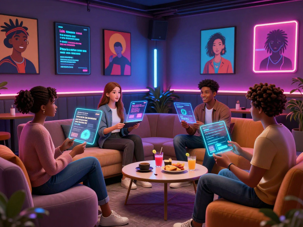 Engaging ai gf virtual dating scene with avatars in a cozy digital lounge.