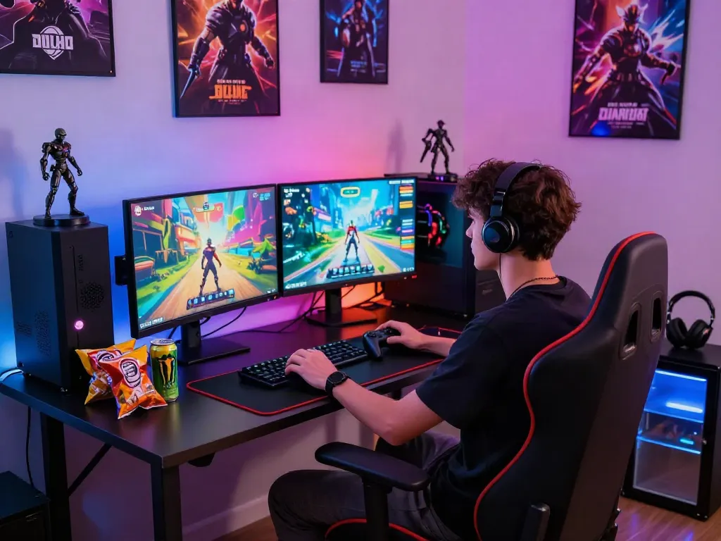 Pengguna diana4d sedang bermain game di ruang gaming dengan pencahayaan LED cerah.