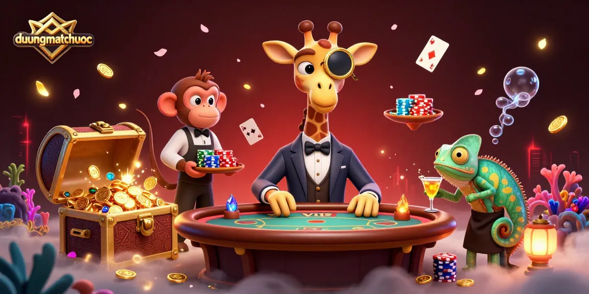 Experience duongmatchuoc thrills at the VIP poker table with a whimsical high-roller giraffe and friends.