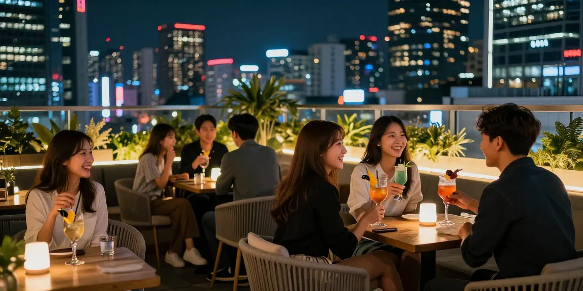 강남 세이렌의 활기찬 야경에서 젊은 전문가들이 칵테일을 즐기는 모습