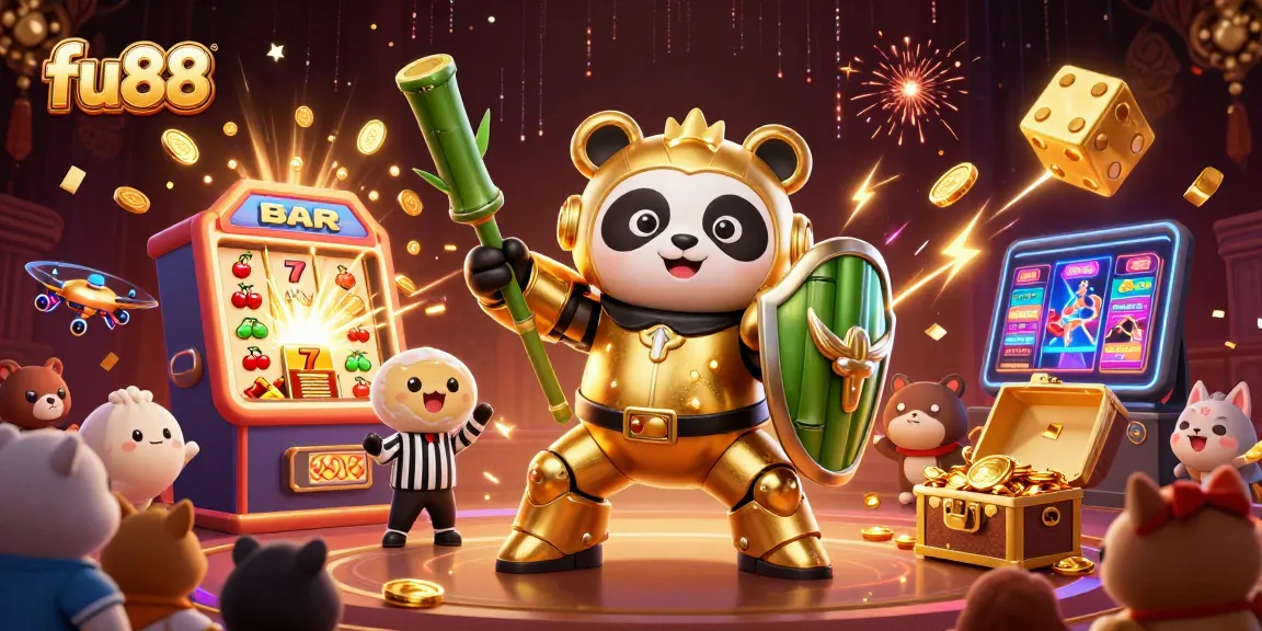 fu88 presents an exhilarating scene with a golden panda mech battling, amidst a jackpot explosion and casino-themed ambiance.