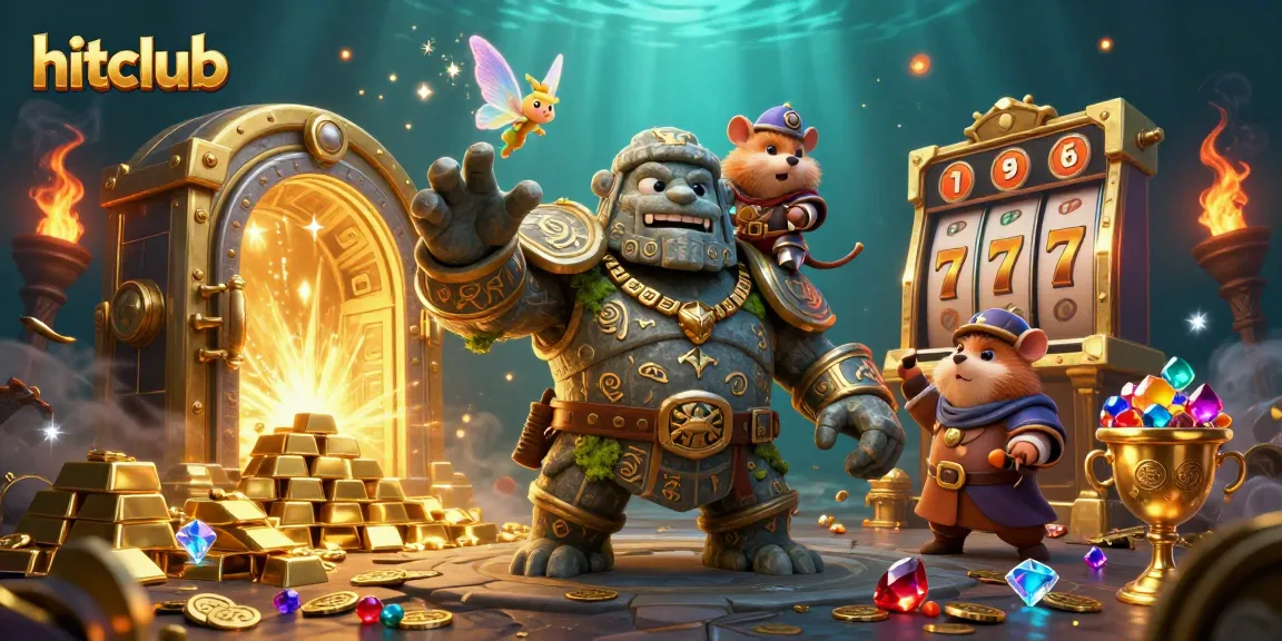 Experience excitement at hitclub, featuring a magical golem and hamster knight amidst gold treasures and slot symbols.