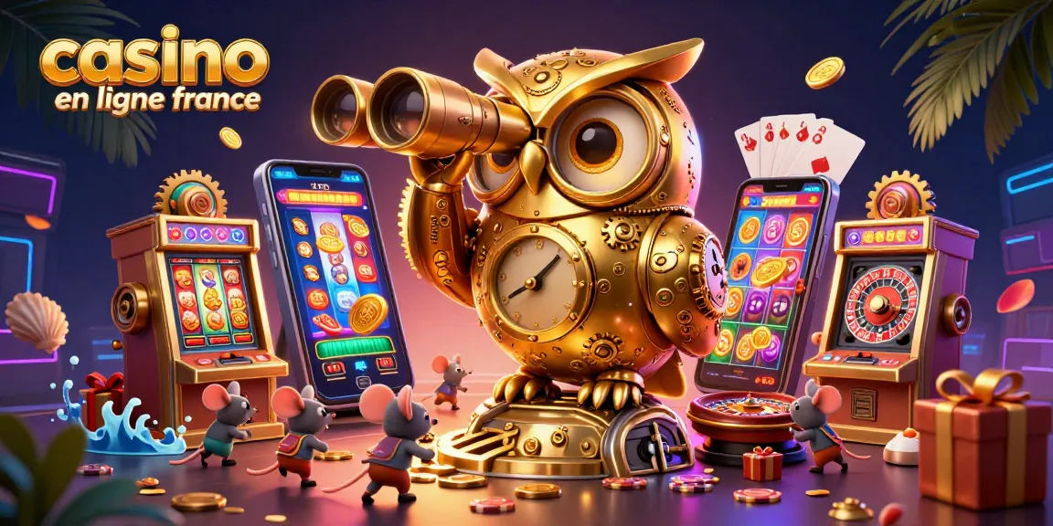 Illustration de casino en ligne France avec une chouette mécanique et des souris autour des machines à sous.