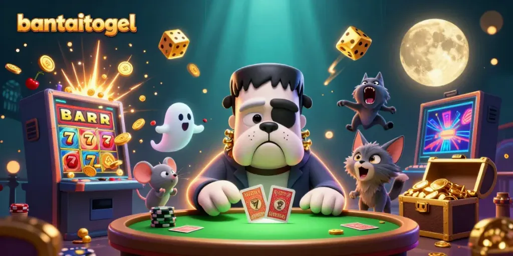 Gambarkan bantaitogel dengan karakter monster anjing, kartu, dan mesin slot yang meledak.