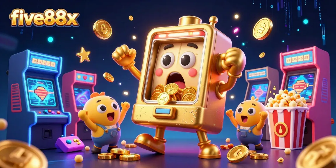 Engaging scene depicting five88x winning big with a cartoon slot machine celebrating as coins shower down.