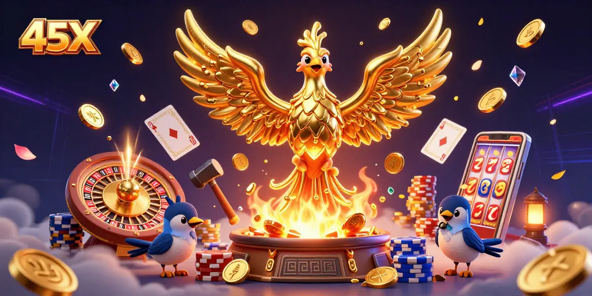 Engage with exciting 45X casino action featuring a molten gold phoenix and dynamic gambling elements.