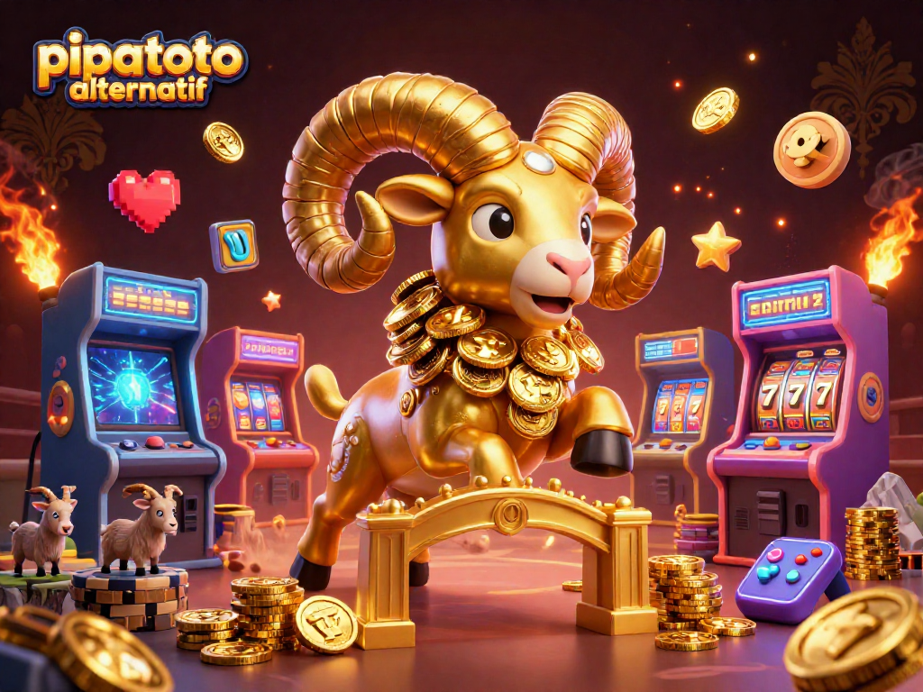 Pipatoto alternatif showcases an energetic casino scene with a golden ram amidst slots and arcade elements.