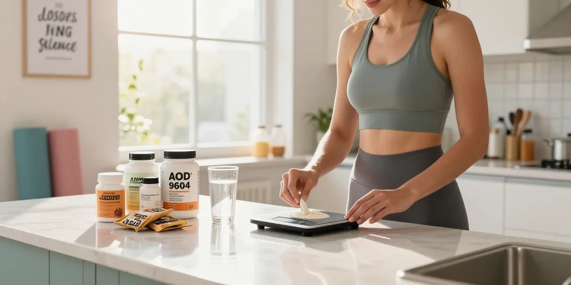 MiraviGLP AOD-9604 guide with health enthusiast measuring products in a bright kitchen.