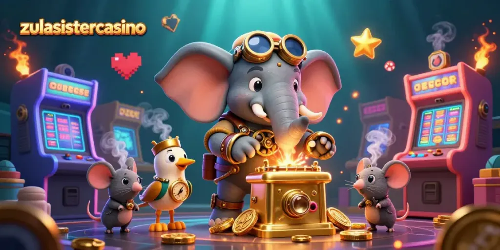 Spin the golden slot machine at zulasistercasino, featuring a steampunk elephant engineer and vivid game elements.
