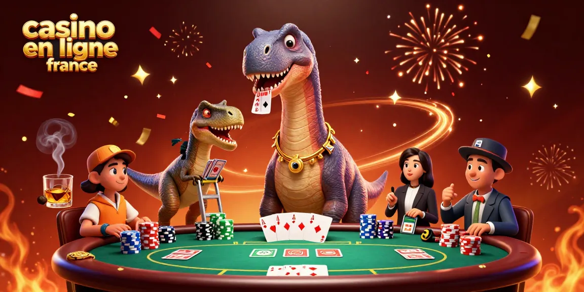 Illustration d'un casino en ligne France, avec un brontosaure et un raptor jouant aux cartes.