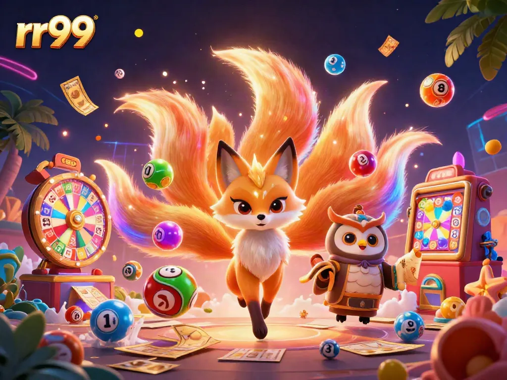 Engage with the vibrant rr99 gaming scene featuring a colorful nine-tailed fox and owl uniting players.