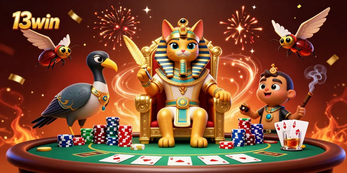 Engage with 13win at an opulent casino scene featuring an Egyptian pharaoh cat and lavish poker setup.