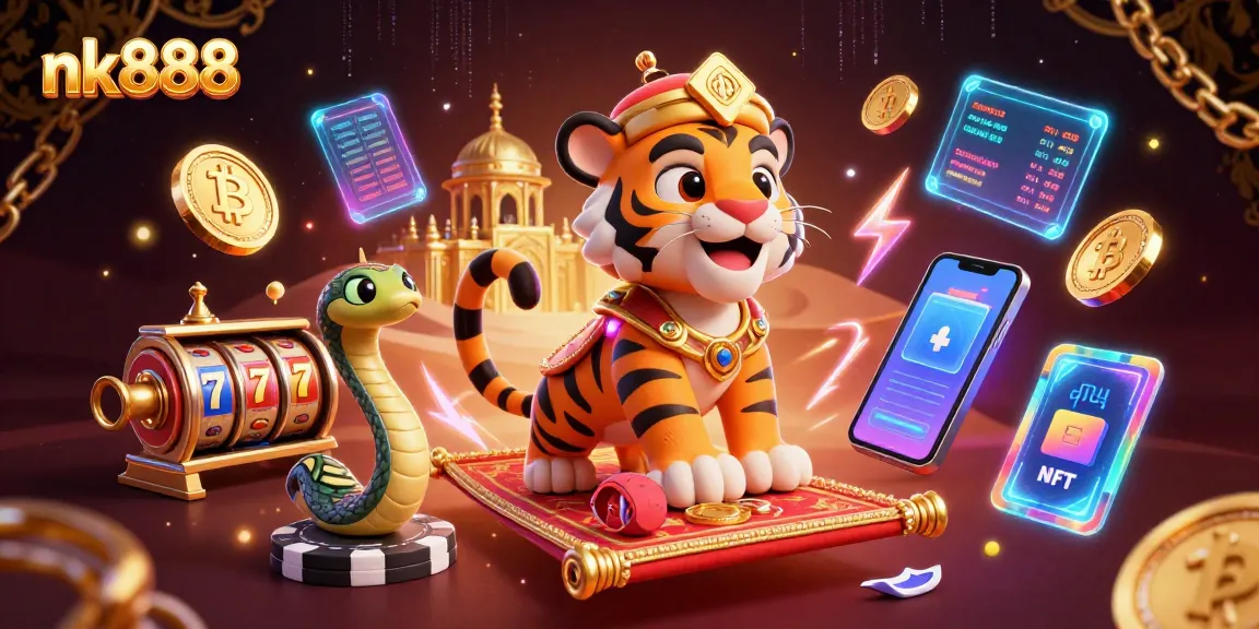 Bet on nk888 with a 3D Arabian-themed casino scene filled with vibrant game elements.