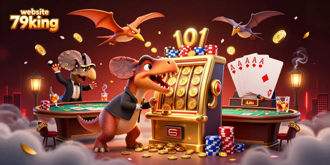 Capture the excitement of website 79king as a pachycephalosaurus celebrates a jackpot win with casino characters.