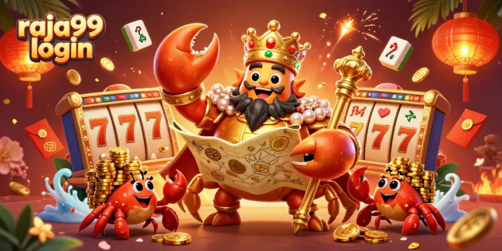 Engaging raja99 login experience with a golden crab emperor amidst dynamic casino elements.