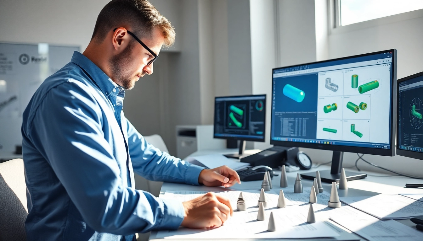 FEA Nozzle analysis Services performed by an engineer in a modern office with technical drawings.