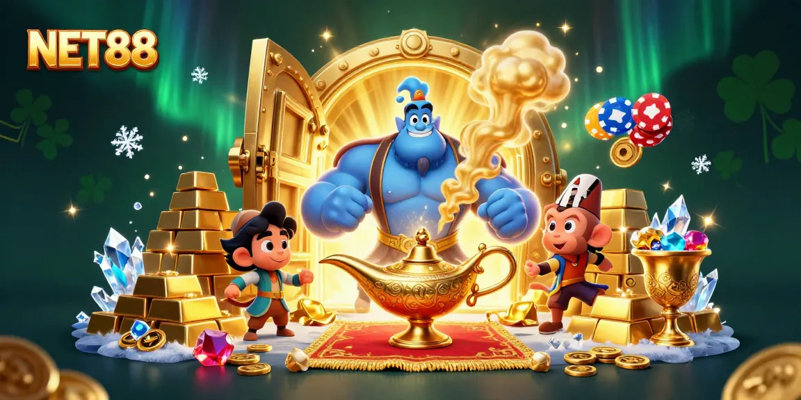 Join the excitement at NET88 with this vibrant casino illustration featuring a genie, treasures, and gaming fun.