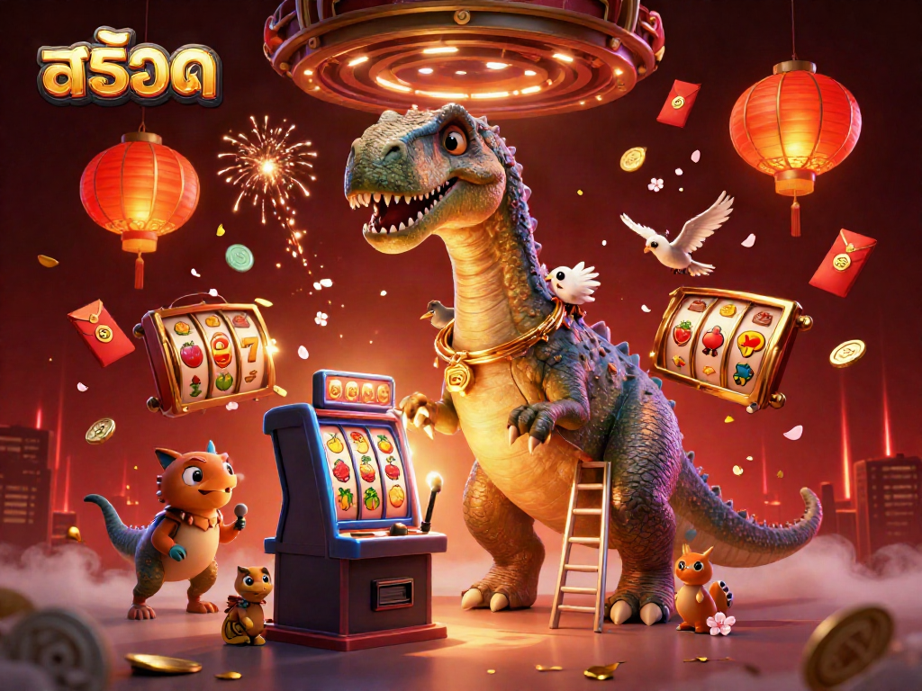 Engage with the vibrant world of สล็อต as a brontosaurus spins lucky slot reels in a bustling casino.