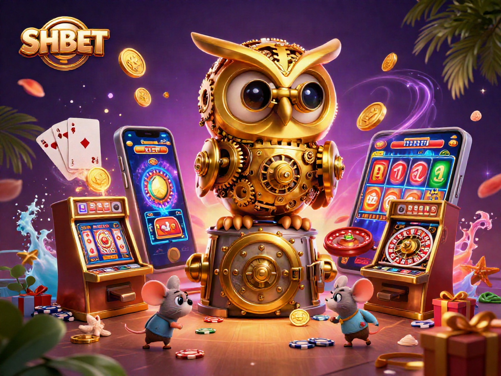 Engage with SHBET's vibrant casino scene featuring a golden owl and gaming elements.