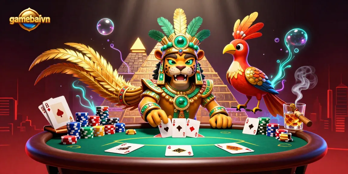 Engage with gamebaivn as the Mayan priest reveals poker strategy amidst vibrant casino elements.