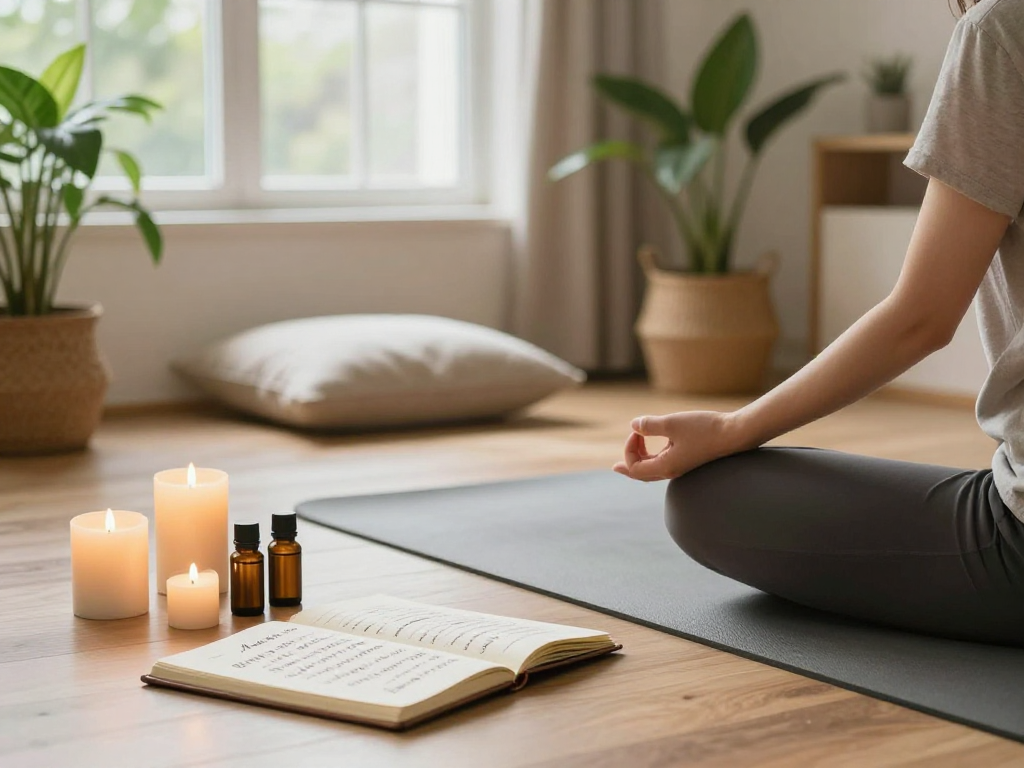 Mantra88 meditation setup with candles and plants in a serene space.