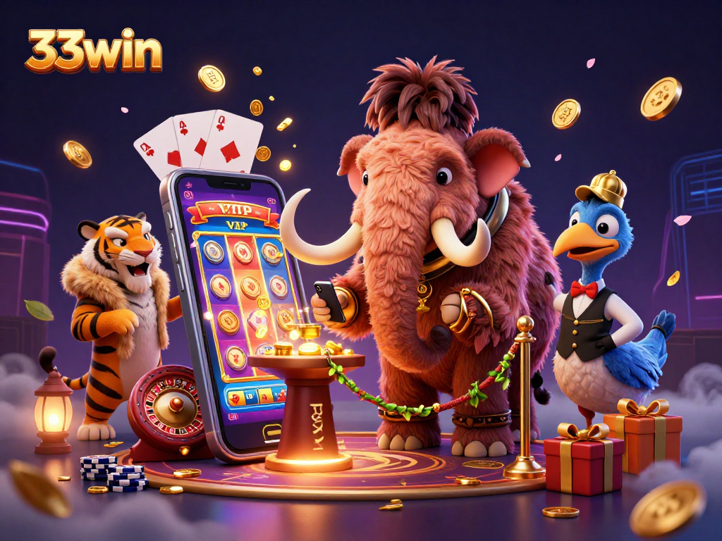 33win themed casino scene with a mammoth bouncer, tiger guest, and dodo doorman.