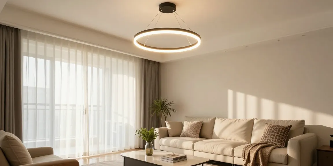 Lustra LED elegantă în living modern, cu decor contemporan și lumină caldă.