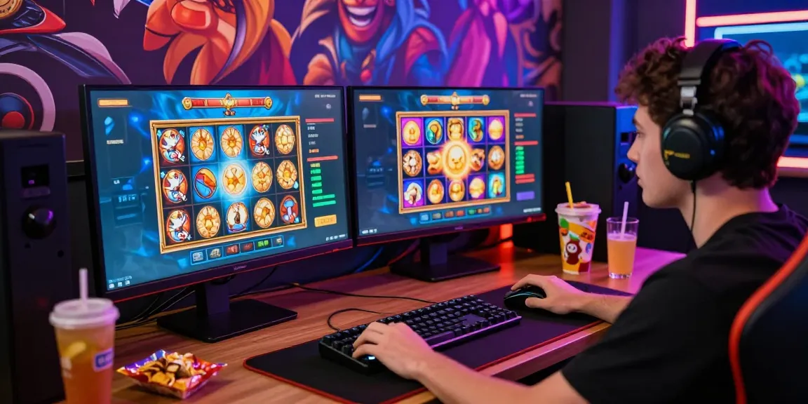 Player engaging with situs raja slot games, featuring vibrant gaming setup and colorful graphics.