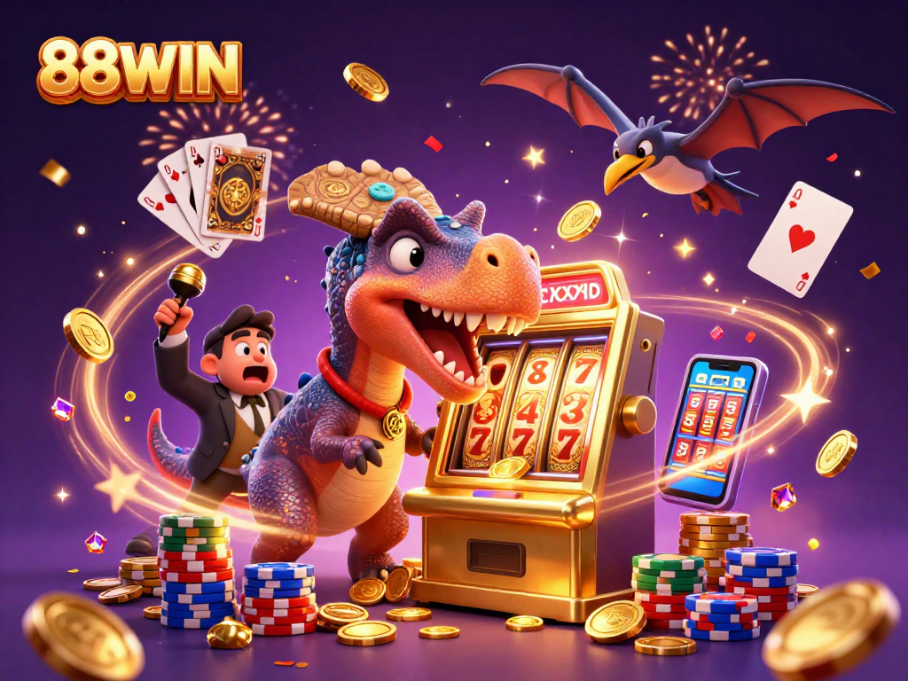 88WIN offers an exciting jackpot scene with a cartoon dinosaur and casino elements bursting with coins.