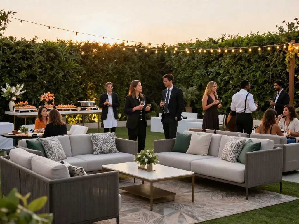Event furniture rental showcasing stylish lounge setups in an elegant outdoor gathering.