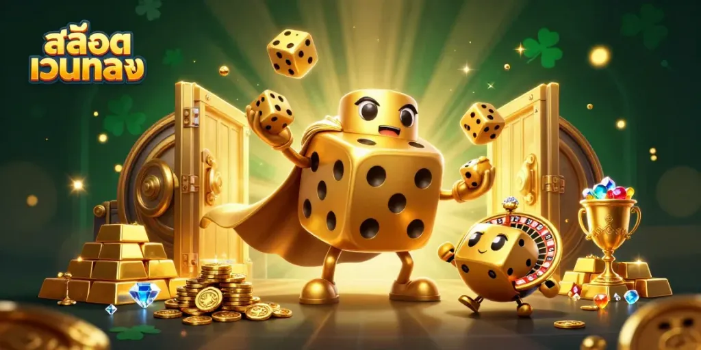 Engage with สล็อตเว็บตรง through an immersive vibrant 3D casino scene showcasing a golden dice golem and treasures.