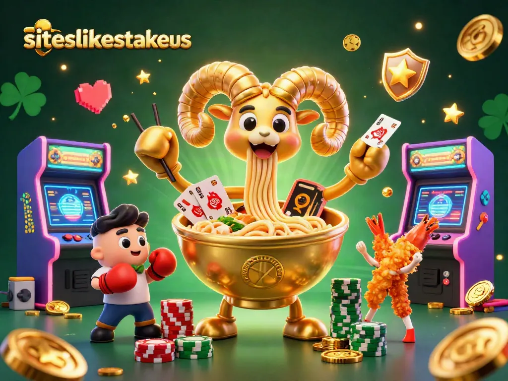 Engage with siteslikestakeus through vibrant cartoon characters and gaming elements in a dynamic casino scene.