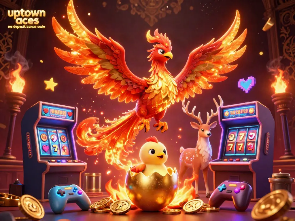 Experience the excitement of the uptown aces no deposit bonus code with this dynamic gaming scene featuring a golden phoenix and vibrant casino elements.