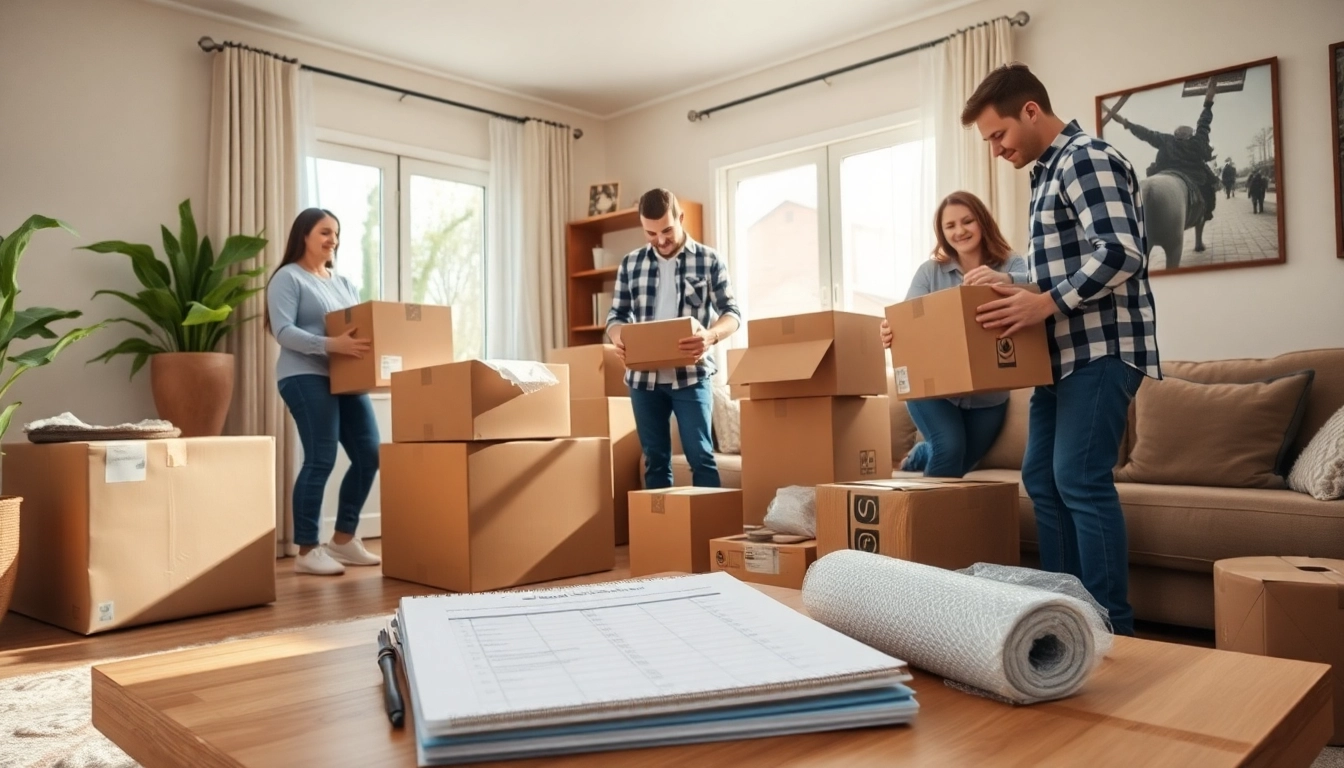 Packing services for moving with professional movers efficiently organizing boxes in a bright living room.