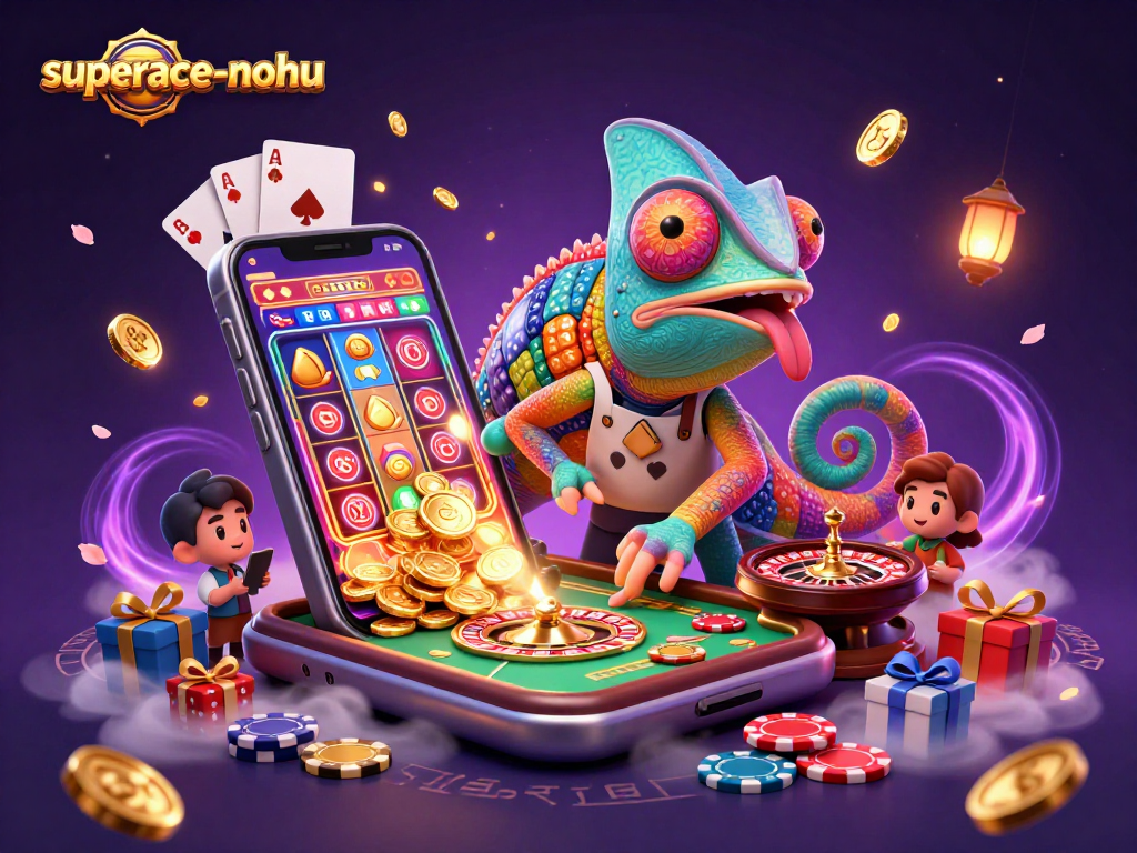 Experience the excitement of superace-nohu, featuring a vibrant chameleon casino owner and dynamic gambling elements.
